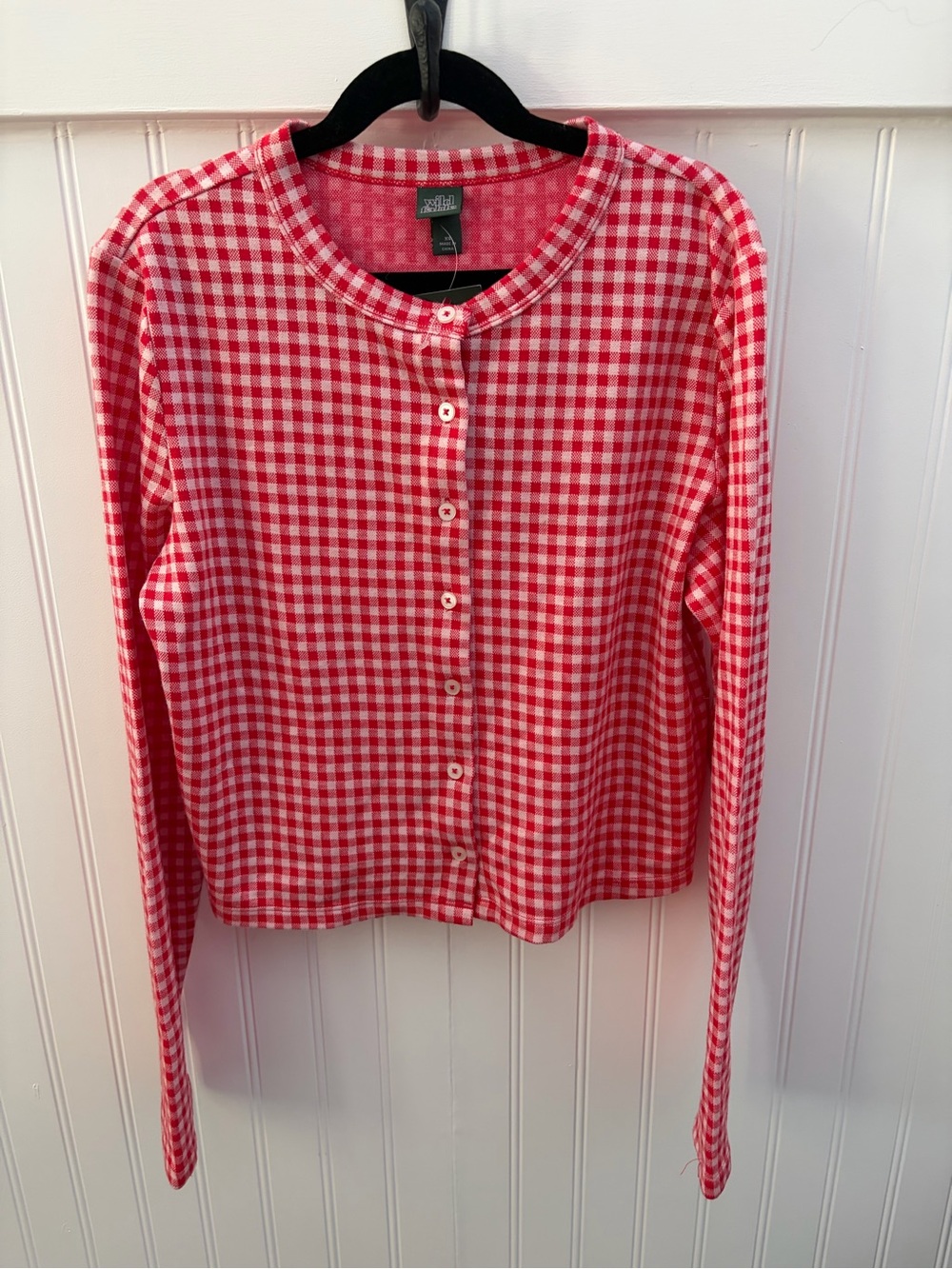 Red Gingham Button-Up Cardigan blouse
